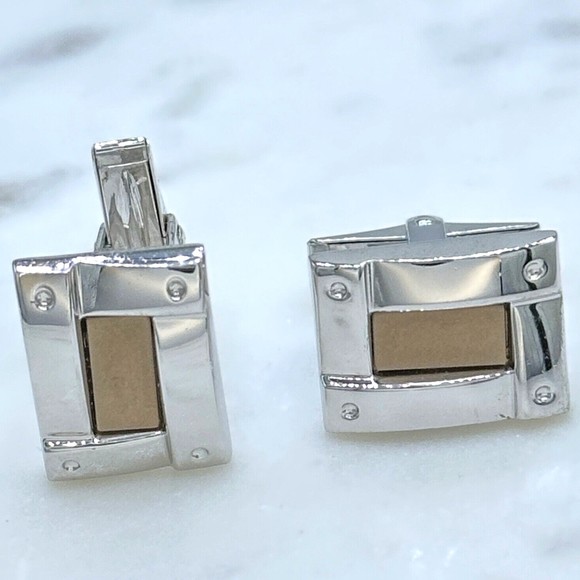 925 Silver Trim & 14K Gold Center Rectangle Elegant Formal Whale Back Cufflinks - Picture 4 of 10